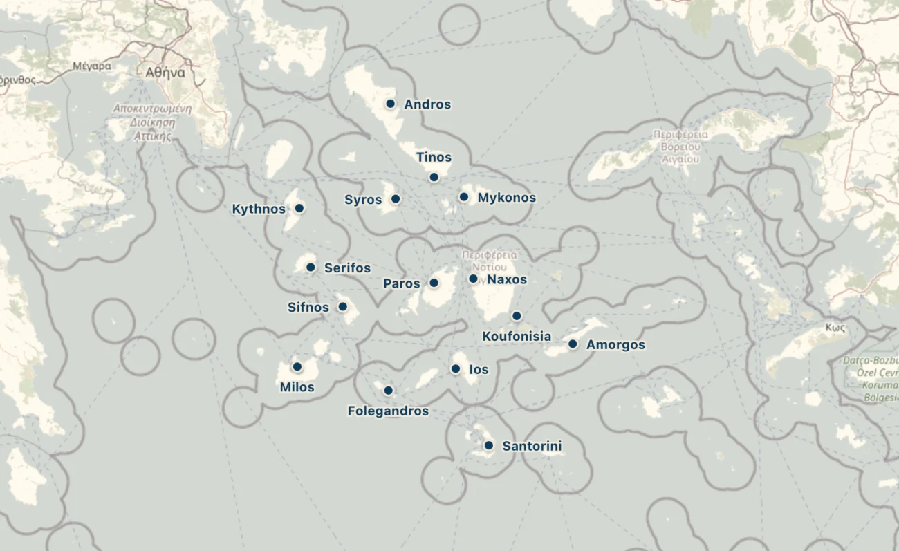 Greek island hopping route through the Cyclades